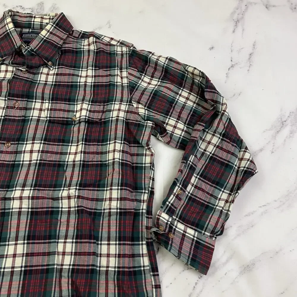 Lands End Mens Vintage 90s Plaid Shirt Size L Red Green Wool Cotton Blend - Picture 3 of 11